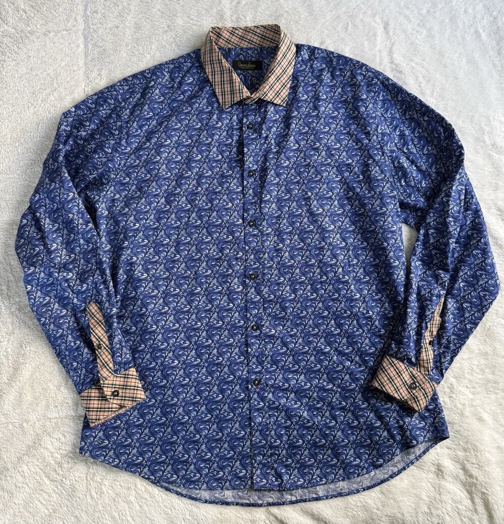 Banana Lemon Men’s Button Down Long Sleeve Shirt Blue Print With Plaid Size 3XL